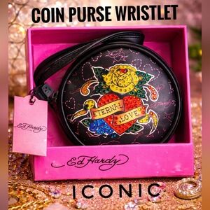 NEW Ed Hardy Eternal Love Coin Purse Wristlet | Rhinestone | NWT - Gift Box